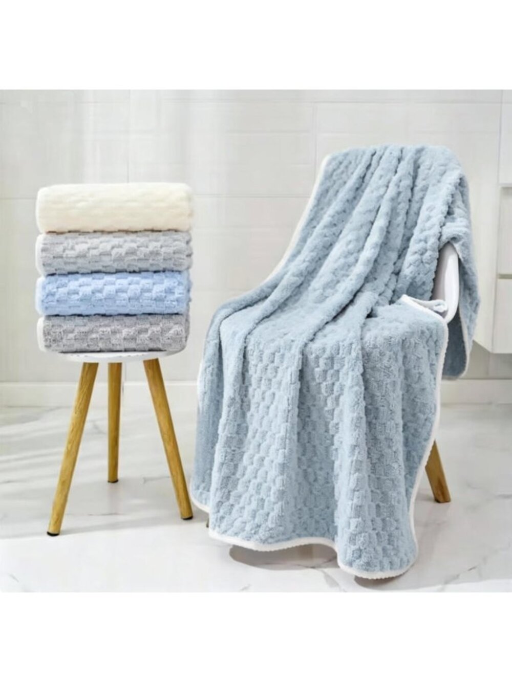2PC Blue 27.56" × 55.12" Soft Coral Fleece Bath Towel Large Shower Wrap Towel